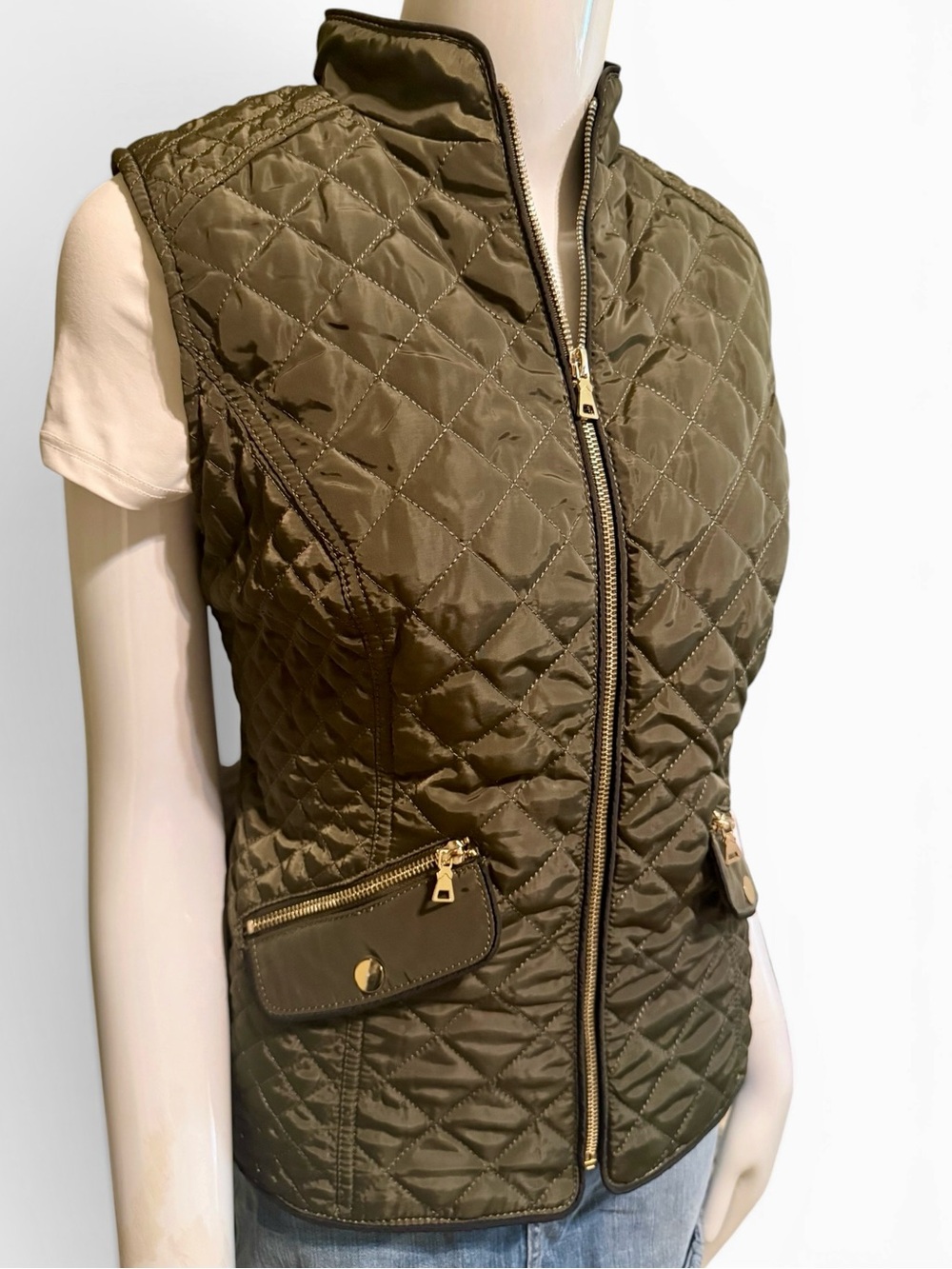 LA Coalition Olive Green and Gold Puffer V Faux Fur Lined Women Size Small